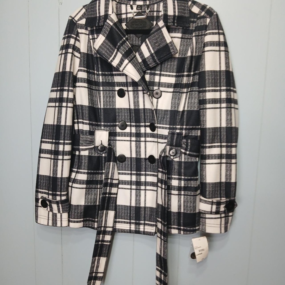 NWT JouJou Large plaid double breasted car coat chic classic cozy extra button